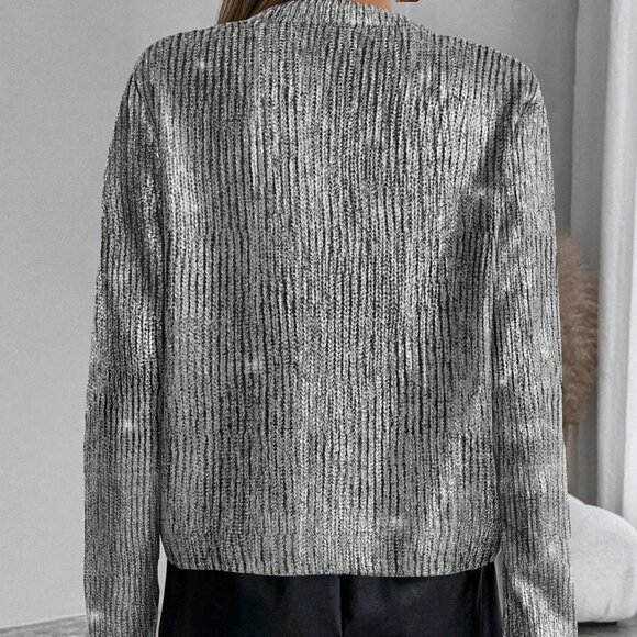 Silver Women's Casual Loose Fit Crew Neck Sweater with Foil Print - Picture 2 of 6